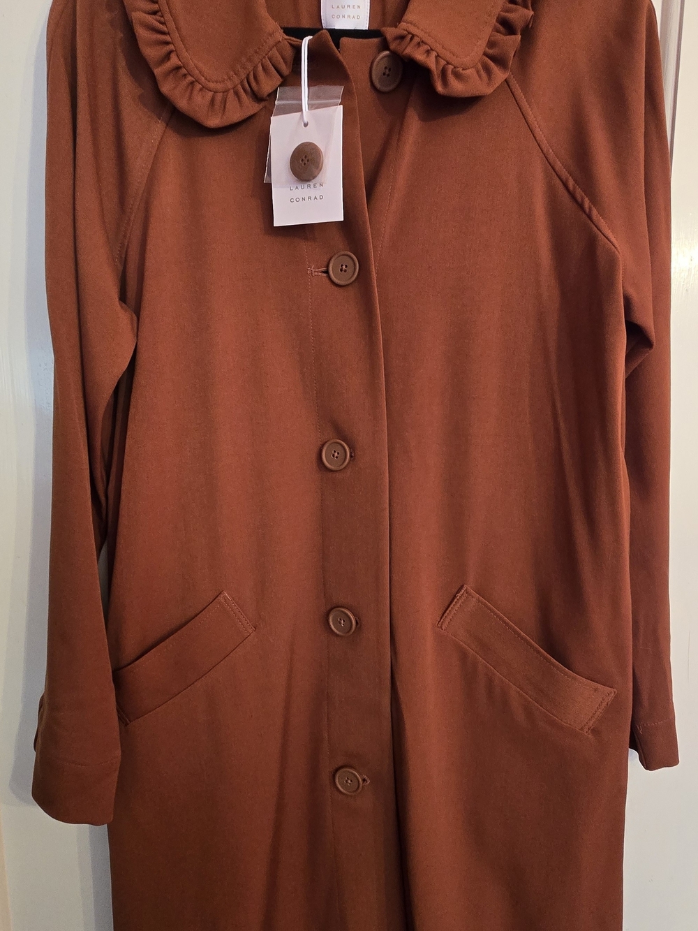 LC Lauren Conrad Rust Button-Front Trench Coat with Ruffle Collar